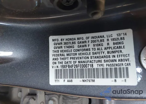 2015 Honda Civic Hybrid from USA, damaged, VIN 19XFB4F26FE000718